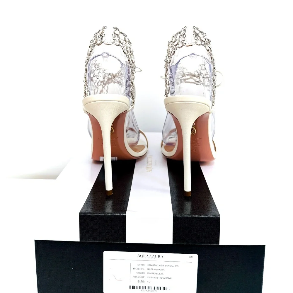 Aquazzura White Crystal Web Leather Ankle-Tie Leather Stiletto Sandal US…